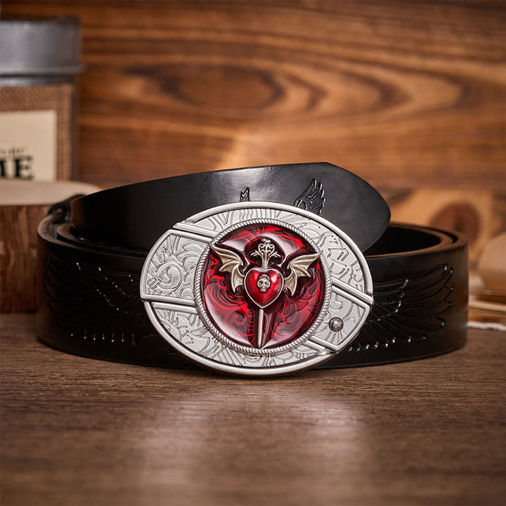 Wings & Dagger Red Heart DIY Gürtel mit versteckter Klappmesserschnalle aus Leder - Wings & Dagger - Schwarzer Gürtel mit Adlerprägung - 42 - image 2