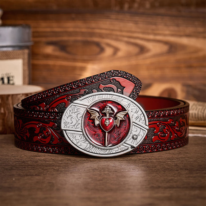 Wings & Dagger Red Heart DIY Gürtel mit versteckter Klappmesserschnalle aus Leder - Wings & Dagger - Brauner geschnitzter Gürtel - 42 - image 6