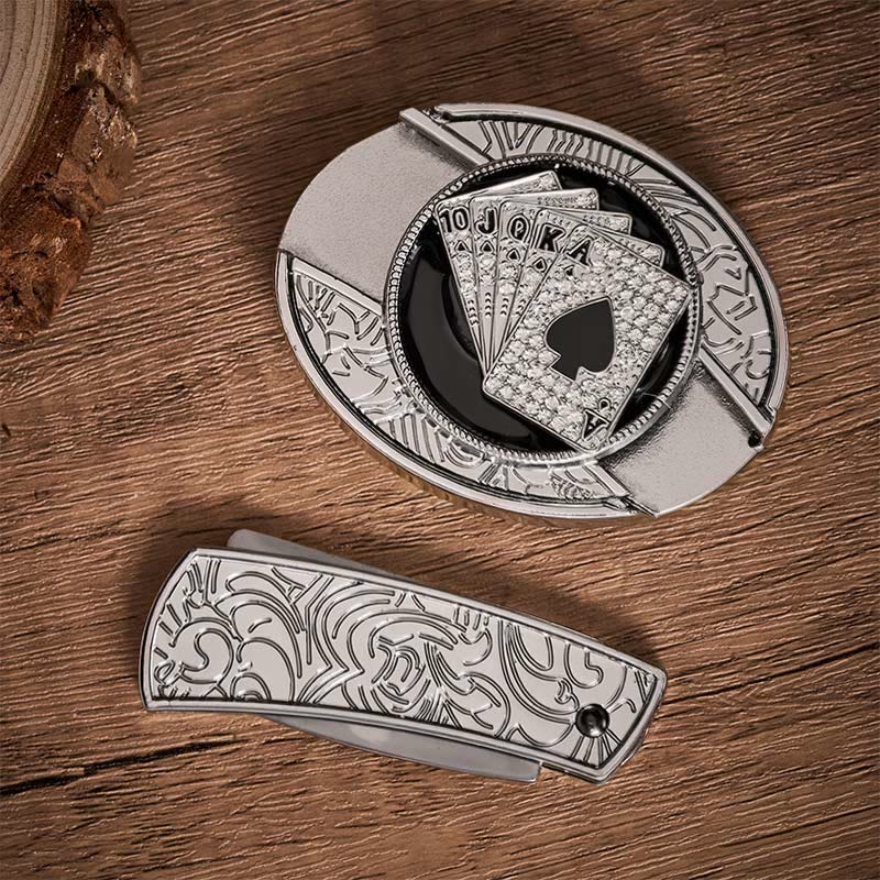 Glänzender Royal Flush Spades DIY Verstecktes Klappmesser Schnalle Ledergürtel - image 10