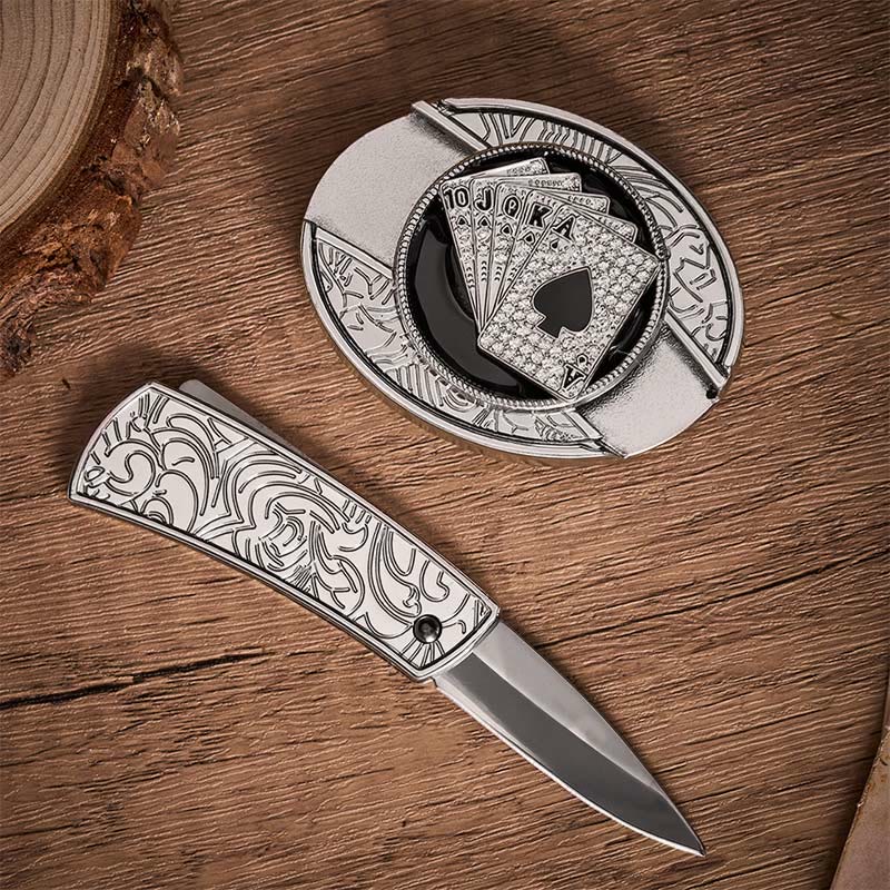 Glänzender Royal Flush Spades DIY Verstecktes Klappmesser Schnalle Ledergürtel - image 1