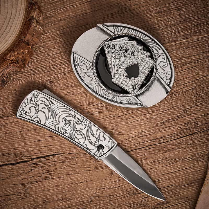Glänzender Royal Flush Spades DIY Verstecktes Klappmesser Schnalle Ledergürtel - image 1