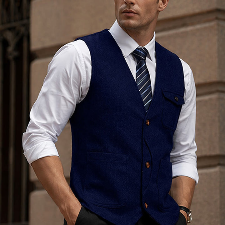 Herren-Anzugweste im amerikanischen Vintage-Stil mit Fischgrätmuster, knitterarm - Königsblau - 3XL - image 13
