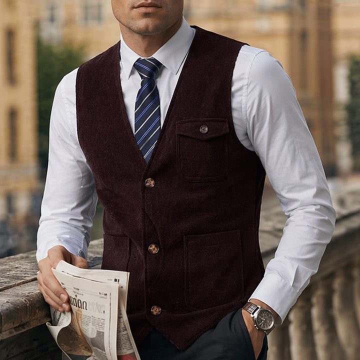 Herren-Anzugweste im amerikanischen Vintage-Stil mit Fischgrätmuster, knitterarm - Wein - 3XL - image 4
