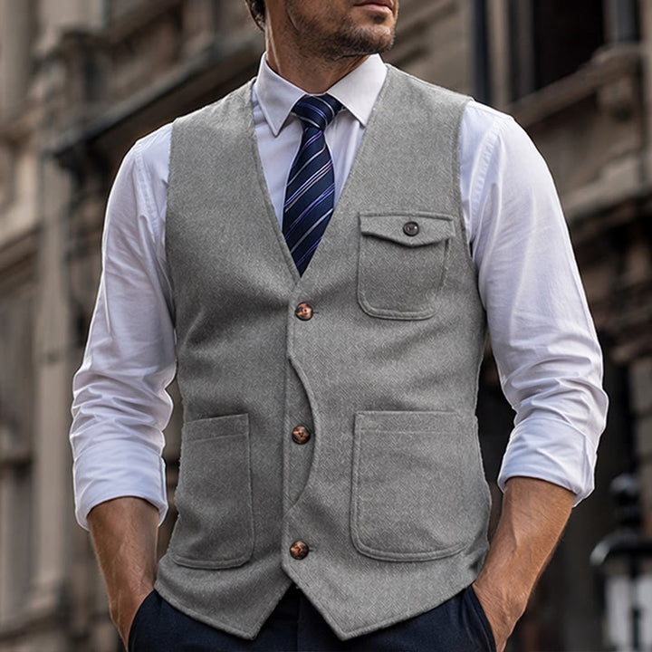 Herren-Anzugweste im amerikanischen Vintage-Stil mit Fischgrätmuster, knitterarm - Silber - 3XL - image 7