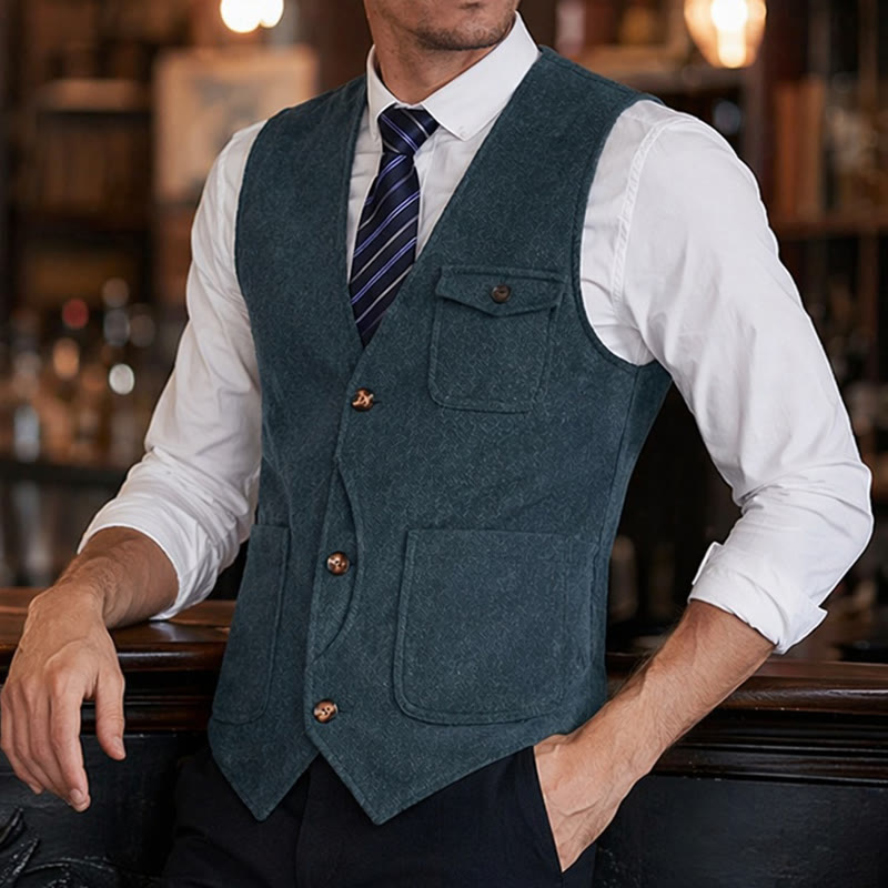 Herren-Anzugweste im amerikanischen Vintage-Stil mit Fischgrätmuster, knitterarm - Hellmarineblau - 3XL - image 14