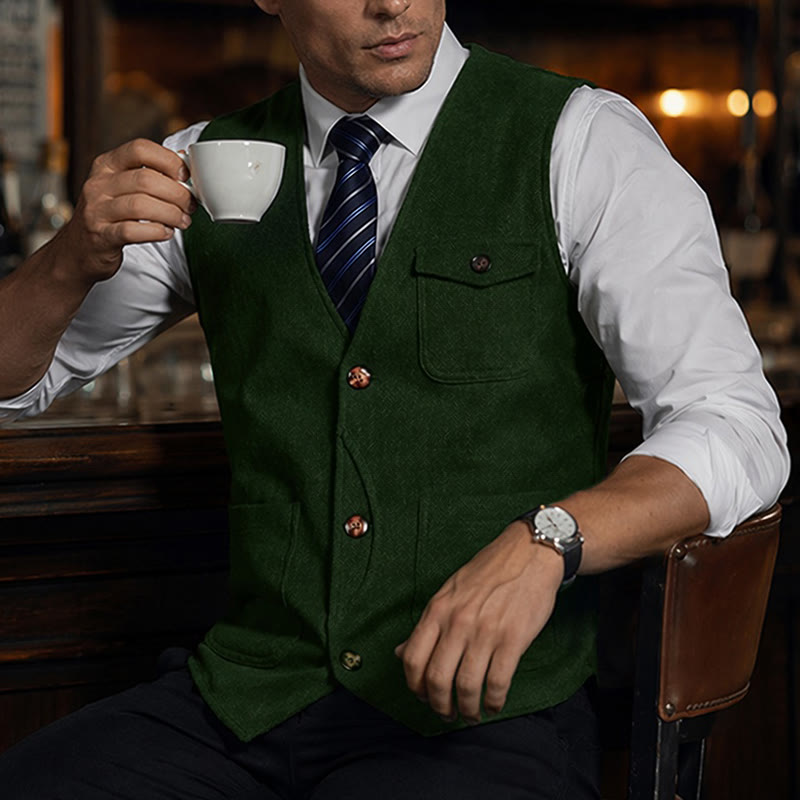 Herren-Anzugweste im amerikanischen Vintage-Stil mit Fischgrätmuster, knitterarm - Grün - 3XL - image 11