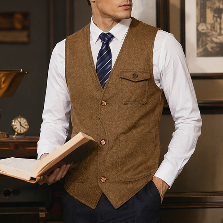 Herren-Anzugweste im amerikanischen Vintage-Stil mit Fischgrätmuster, knitterarm - Braun - 3XL - image 16