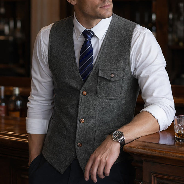 Herren-Anzugweste im amerikanischen Vintage-Stil mit Fischgrätmuster, knitterarm - Grau - 3XL - image 6