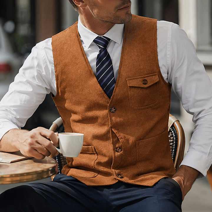 Herren-Anzugweste im amerikanischen Vintage-Stil mit Fischgrätmuster, knitterarm - Orange - 3XL - image 9