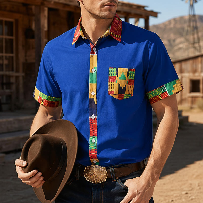 Festivalhemd für Herren mit ethnischem Patchwork-Print - Blau - 4XL - image 4
