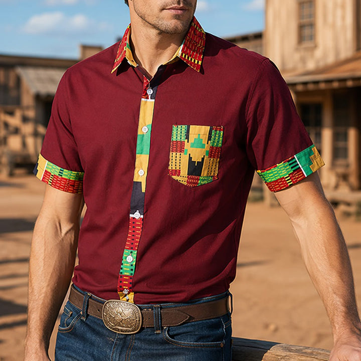 Festivalhemd für Herren mit ethnischem Patchwork-Print - Burgund - 4XL - image 6