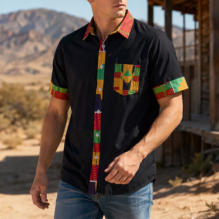 Festivalhemd für Herren mit ethnischem Patchwork-Print - Schwarz - 4XL - image 0