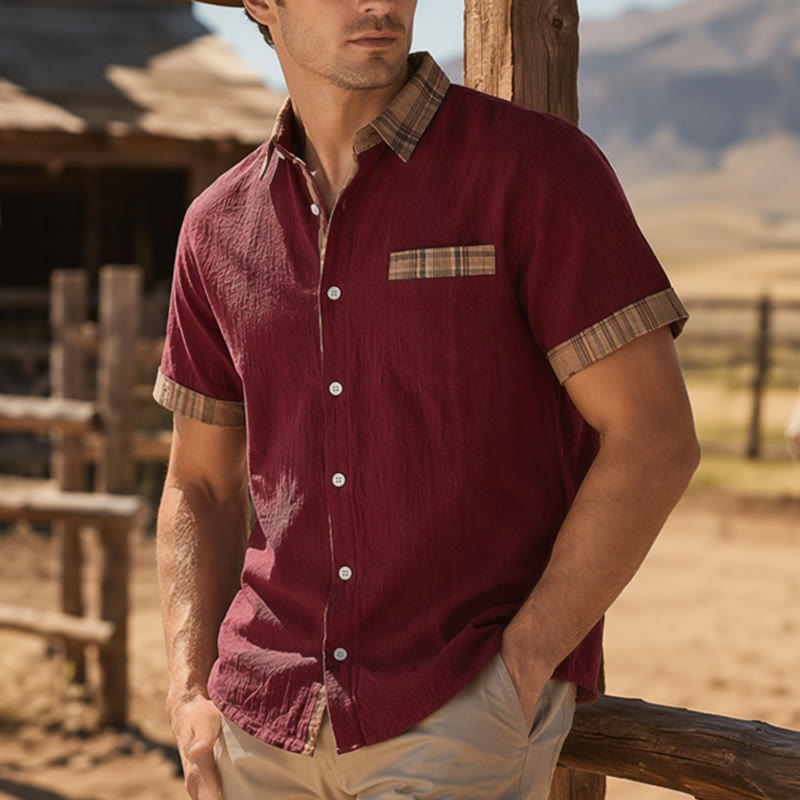 Herrenhemd im Vintage-Stil aus Baumwolle mit Karomuster und Patchwork - Rot - 4XL - image 6