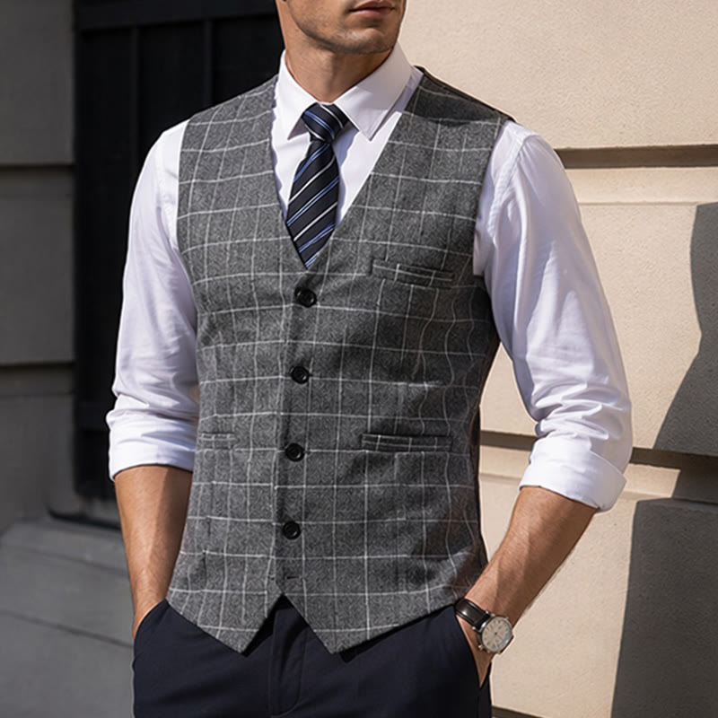 Klassische Herren-Anzugweste mit Karomuster für formelle Business-Casual-Anzüge - Grau - 3XL - image 4