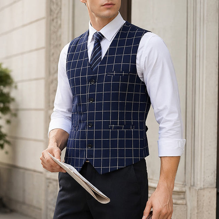 Klassische Herren-Anzugweste mit Karomuster für formelle Business-Casual-Anzüge - Dunkelblau - 3XL - image 0
