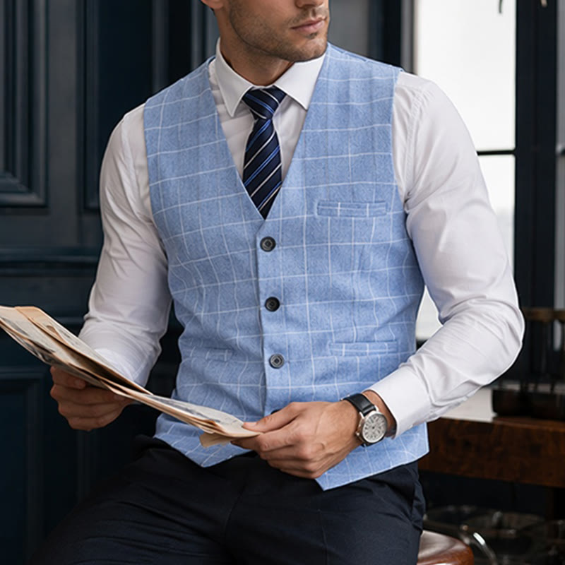 Klassische Herren-Anzugweste mit Karomuster für formelle Business-Casual-Anzüge - Hellblau - 3XL - image 5