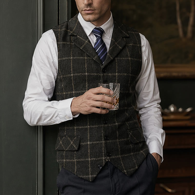 Herren-Anzugweste mit fallendem Revers und Karomuster, ideal für Partys und den Alltag - Schwarz - 5XL - image 4