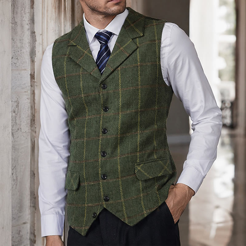 Herren-Anzugweste mit fallendem Revers und Karomuster, ideal für Partys und den Alltag - Grün - 5XL - image 5