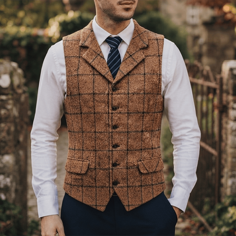 Herren-Anzugweste mit fallendem Revers und Karomuster, ideal für Partys und den Alltag - Braun - 5XL - image 6