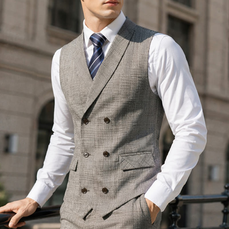 Herren-Business-Anzugweste aus Cord mit Karomuster und doppelter Knopfleiste - Hellgrau - 4XL - image 0