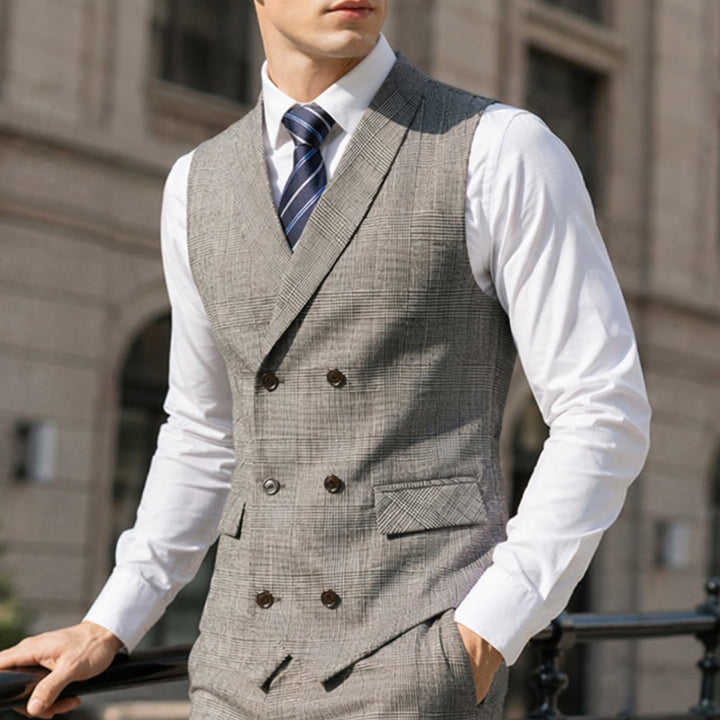 Herren-Business-Anzugweste aus Cord mit Karomuster und doppelter Knopfleiste - Hellgrau - 4XL - image 0