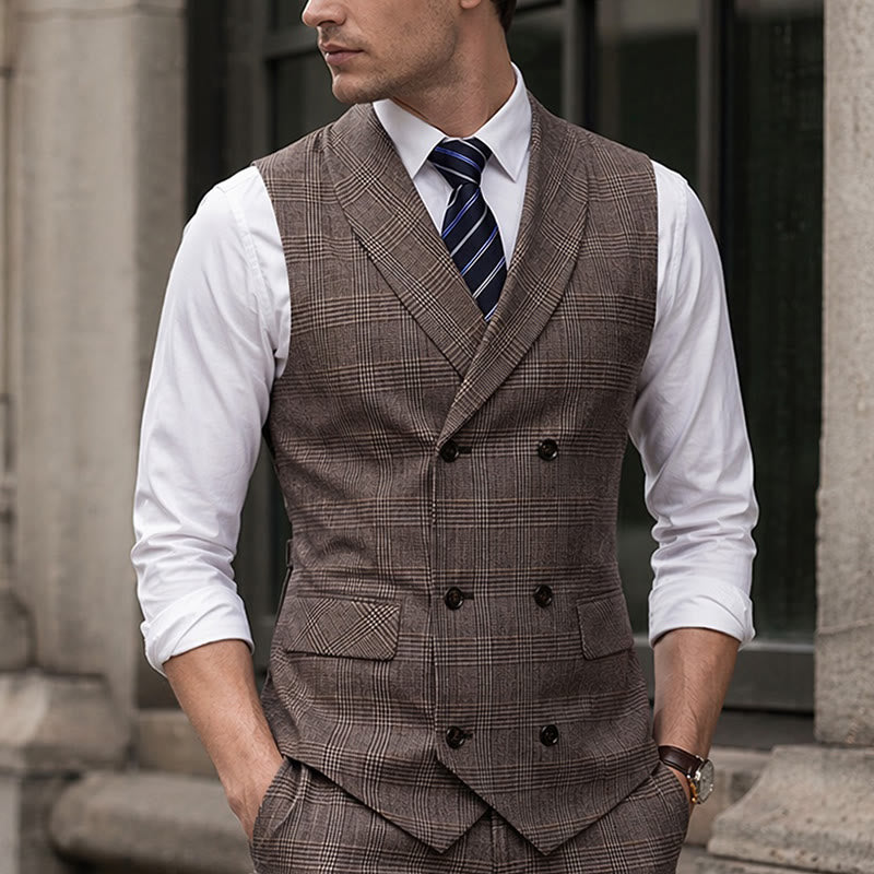 Herren-Business-Anzugweste aus Cord mit Karomuster und doppelter Knopfleiste - Kaffee - 4XL - image 5