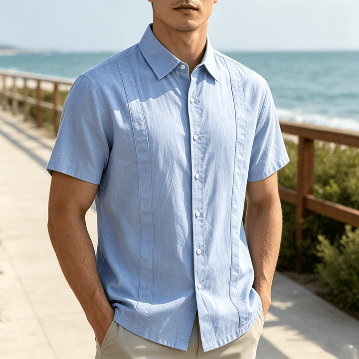 Minimalistisches, einfarbiges, atmungsaktives Sommer-Freizeithemd aus Ramie-Baumwolle für Herren - Hellblau - 3XL - image 0