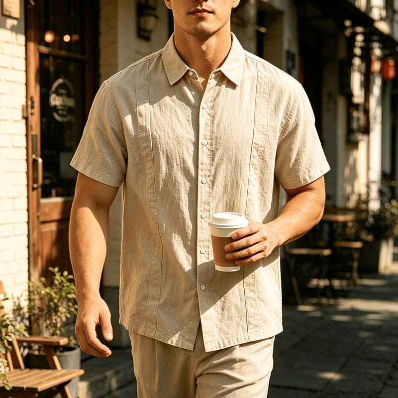 Minimalistisches, einfarbiges, atmungsaktives Sommer-Freizeithemd aus Ramie-Baumwolle für Herren - Khaki - 3XL - image 9
