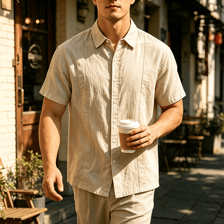 Minimalistisches, einfarbiges, atmungsaktives Sommer-Freizeithemd aus Ramie-Baumwolle für Herren - Khaki - 3XL - image 9