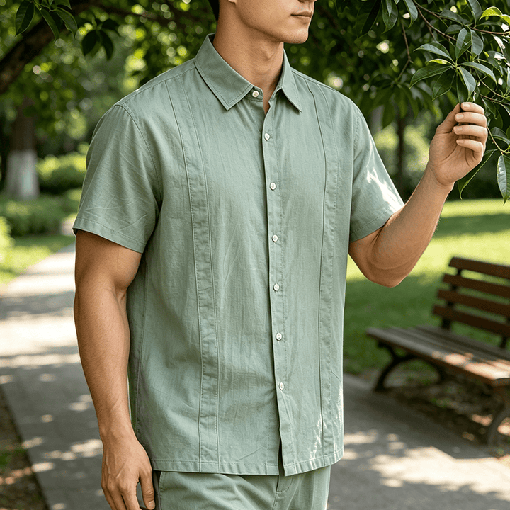 Minimalistisches, einfarbiges, atmungsaktives Sommer-Freizeithemd aus Ramie-Baumwolle für Herren - Grün - 3XL - image 8