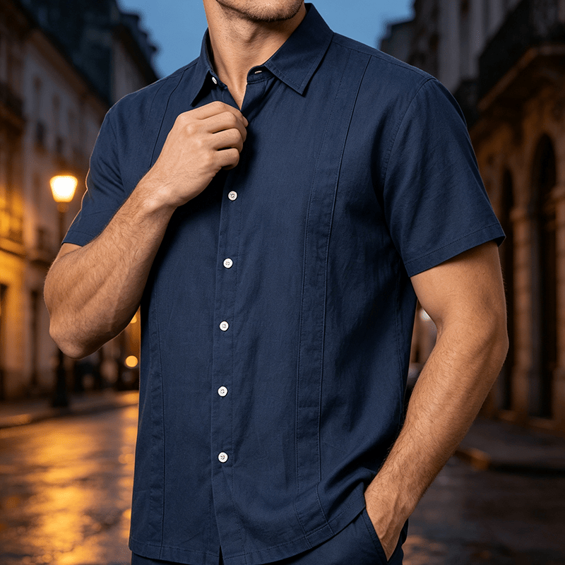 Minimalistisches, einfarbiges, atmungsaktives Sommer-Freizeithemd aus Ramie-Baumwolle für Herren - Dunkelblau - 3XL - image 6