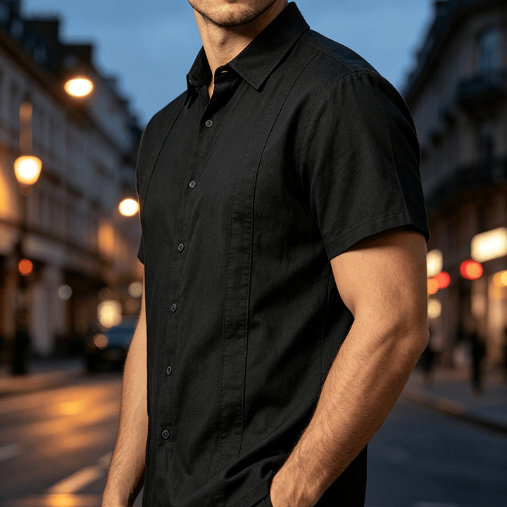 Minimalistisches, einfarbiges, atmungsaktives Sommer-Freizeithemd aus Ramie-Baumwolle für Herren - Schwarz - 3XL - image 5