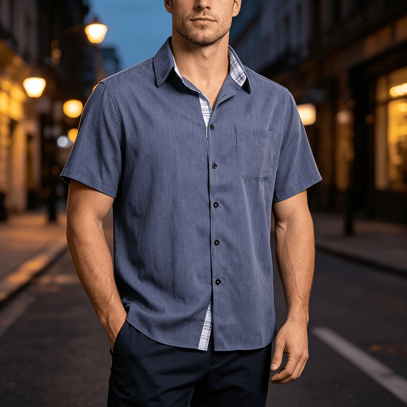 Herren-Leinenhemd mit kurzen Ärmeln und Knopfleiste - Dunkelblau - 5XL - image 7