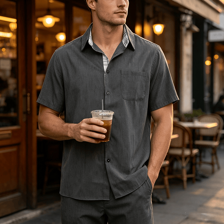 Herren-Leinenhemd mit kurzen Ärmeln und Knopfleiste - Dunkelgrau - 5XL - image 12