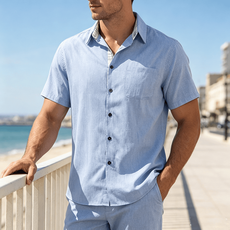 Herren-Leinenhemd mit kurzen Ärmeln und Knopfleiste - Hellblau - 5XL - image 6