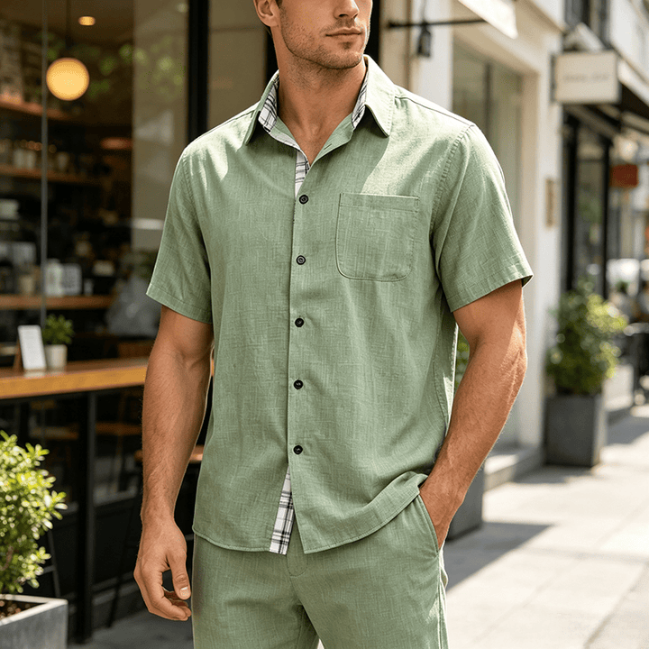 Herren-Leinenhemd mit kurzen Ärmeln und Knopfleiste - Matcha - 5XL - image 13