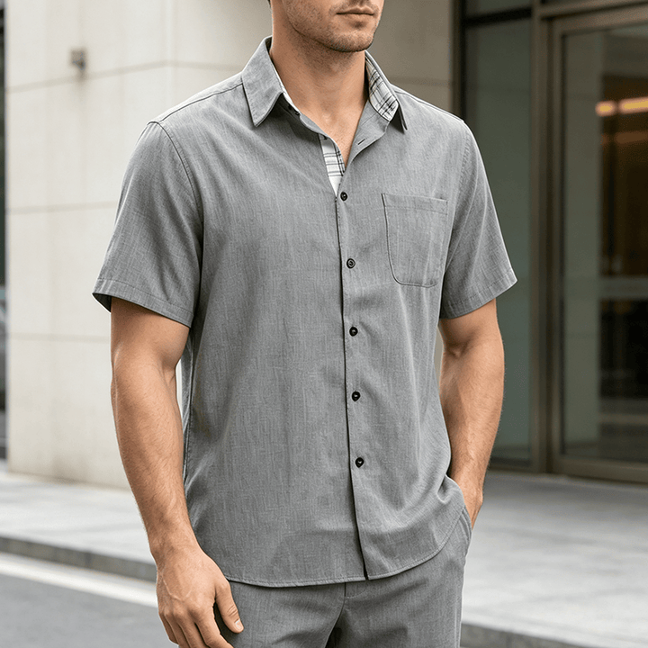 Herren-Leinenhemd mit kurzen Ärmeln und Knopfleiste - Grau - 5XL - image 11