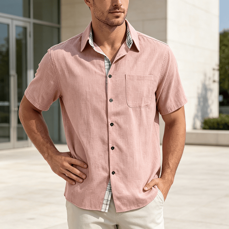 Herren-Leinenhemd mit kurzen Ärmeln und Knopfleiste - Pfirsich - 5XL - image 14