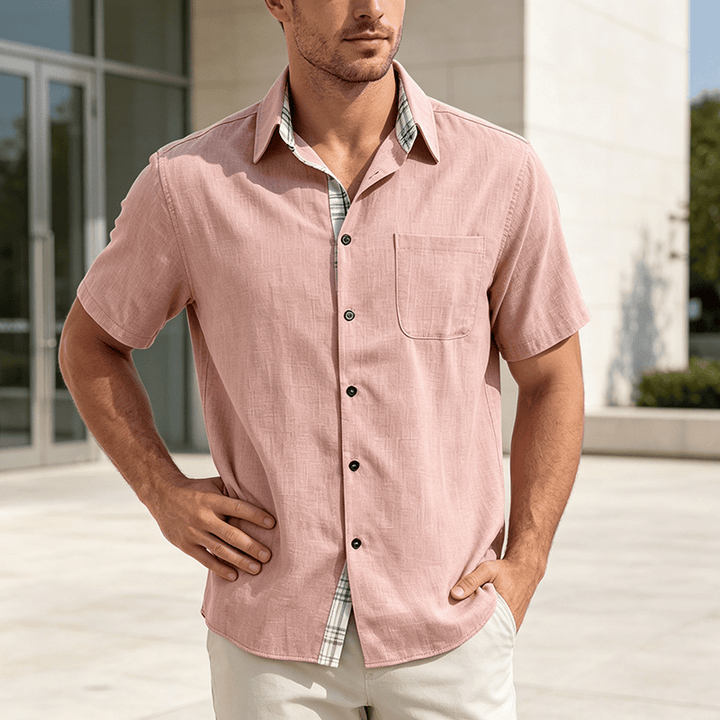 Herren-Leinenhemd mit kurzen Ärmeln und Knopfleiste - Pfirsich - 5XL - image 14