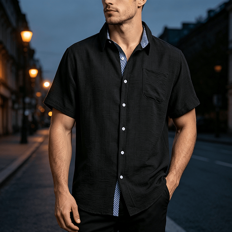 Herren-Freizeithemd mit Kontraststreifen, Innentasche und kontrastfarbenen Streifen – perfekt für den Sommer - Schwarz - 3XL - image 5