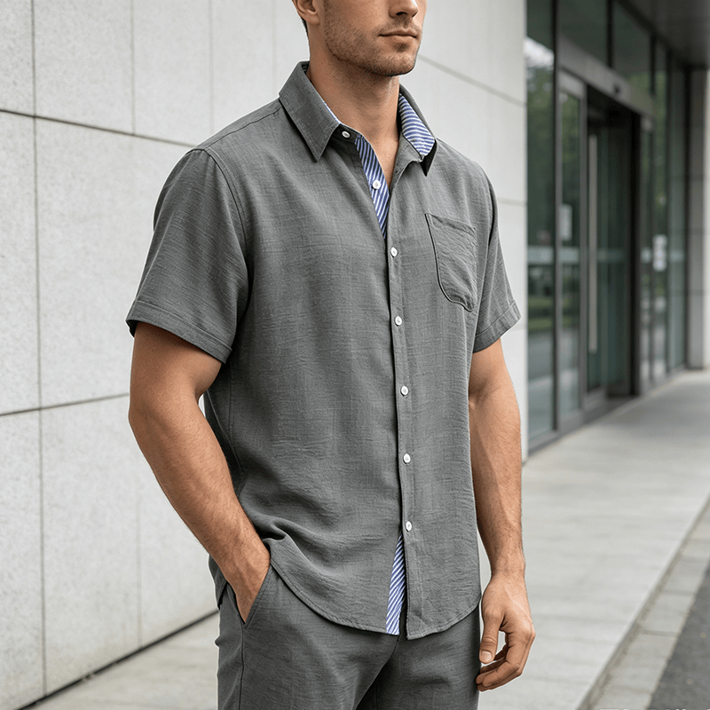 Herren-Freizeithemd mit Kontraststreifen, Innentasche und kontrastfarbenen Streifen – perfekt für den Sommer - Dunkelgrau - 3XL - image 8