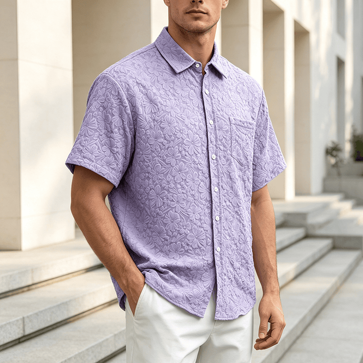 Herrenhemd aus strukturierter Baumwolle mit Blumenmuster – perfekt für Urlaub, Sommer und Alltag. - Lila - 3XL - image 5