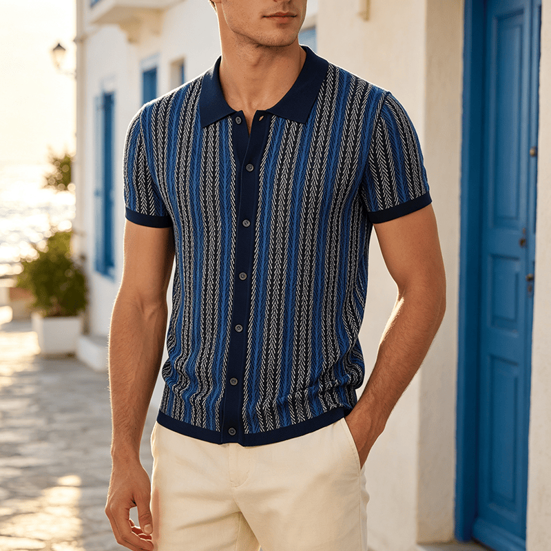 Herren-Polohemd aus atmungsaktivem Jacquard-Strick mit vertikalem Chevron-Streifenmuster - Marineblau - 3XL - image 0