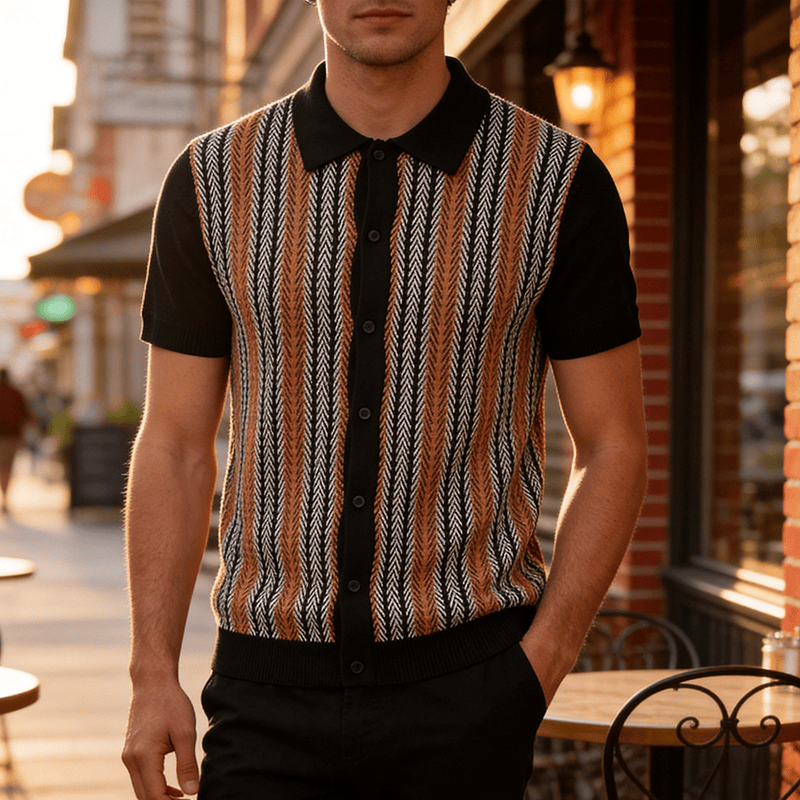 Vintage-Sommer-Polohemd für Herren mit Blockstreifen und Jacquardmuster - Schwarz - 3XL - image 4