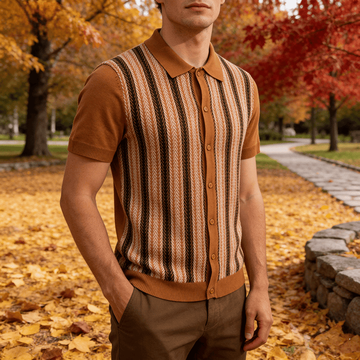 Vintage-Sommer-Polohemd für Herren mit Blockstreifen und Jacquardmuster - Braun - 3XL - image 0