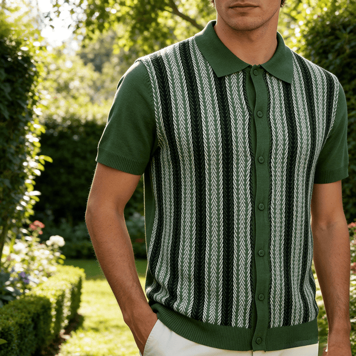 Vintage-Sommer-Polohemd für Herren mit Blockstreifen und Jacquardmuster - Grün - 3XL - image 5
