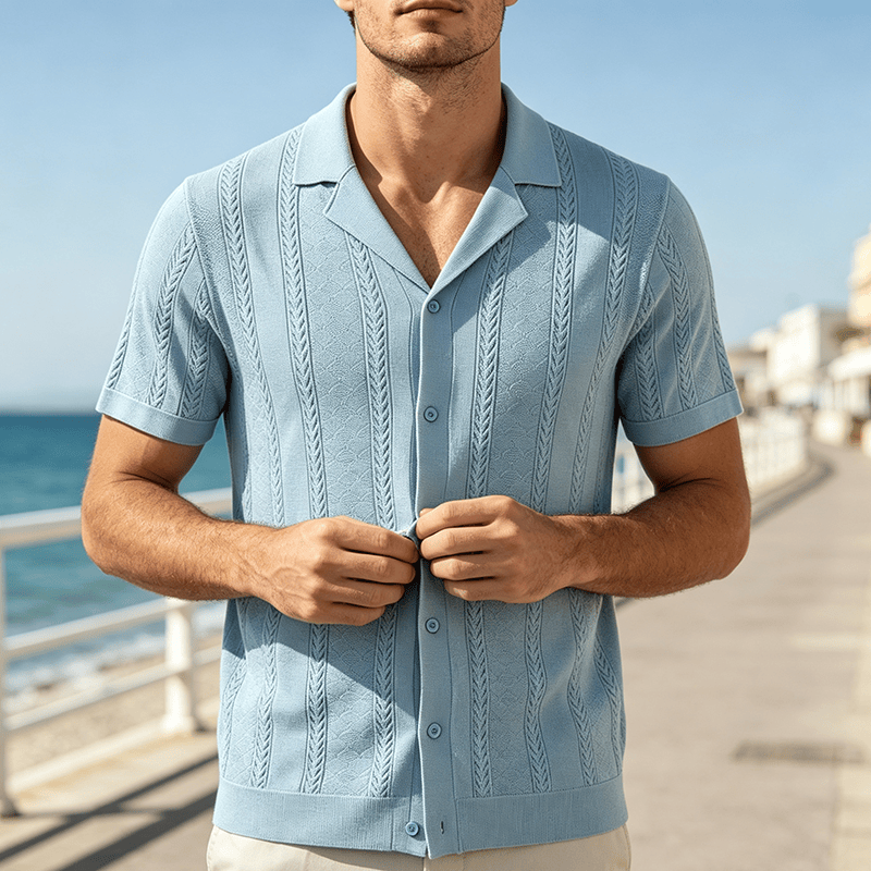 Herren-Strickhemd mit hohlem Chevron-Muster und vertikalen Streifen – lässig und cool für den Sommer - Blau - 3XL - image 4