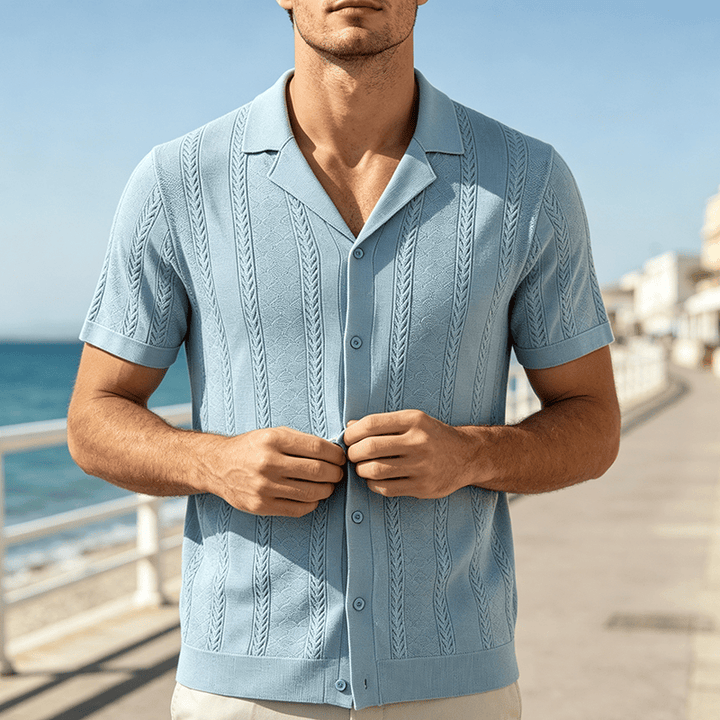 Herren-Strickhemd mit hohlem Chevron-Muster und vertikalen Streifen – lässig und cool für den Sommer - Blau - 3XL - image 4