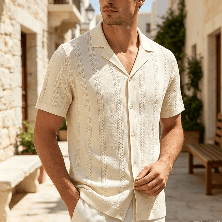 Herren-Strickhemd mit hohlem Chevron-Muster und vertikalen Streifen – lässig und cool für den Sommer - Beige - 3XL - image 0
