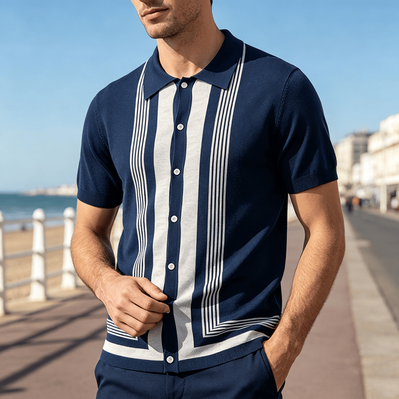 Herren-Sommerhemd mit Farbblock- und Streifenmuster, gestrickt - Marineblau - 3XL - image 5